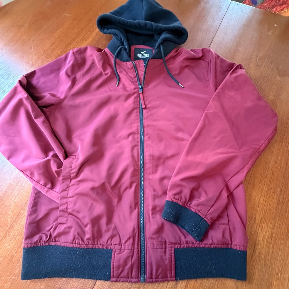 VTG Hollister Burgundy Full Zip Hooded Windbreaker Jacket XL Maroon Black Trim
